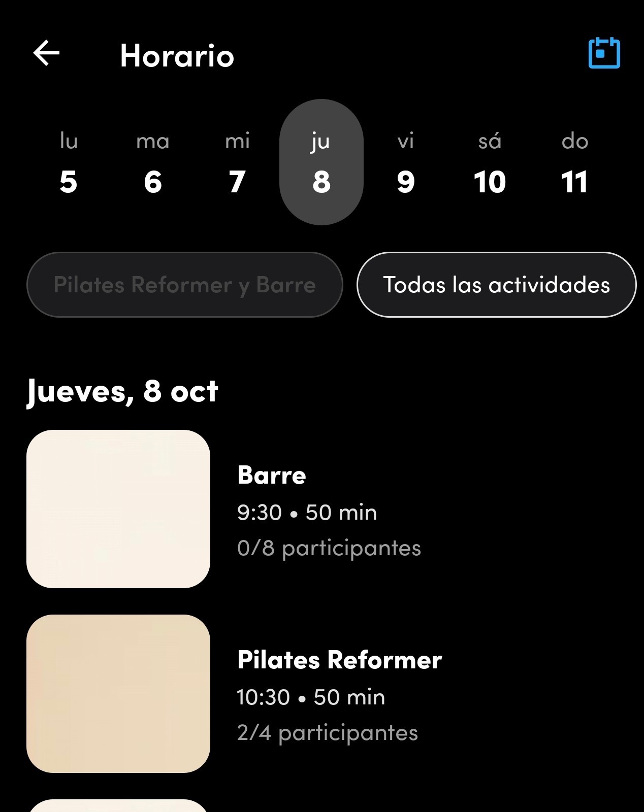 Horario de Pilates Reformer y Barre en la app