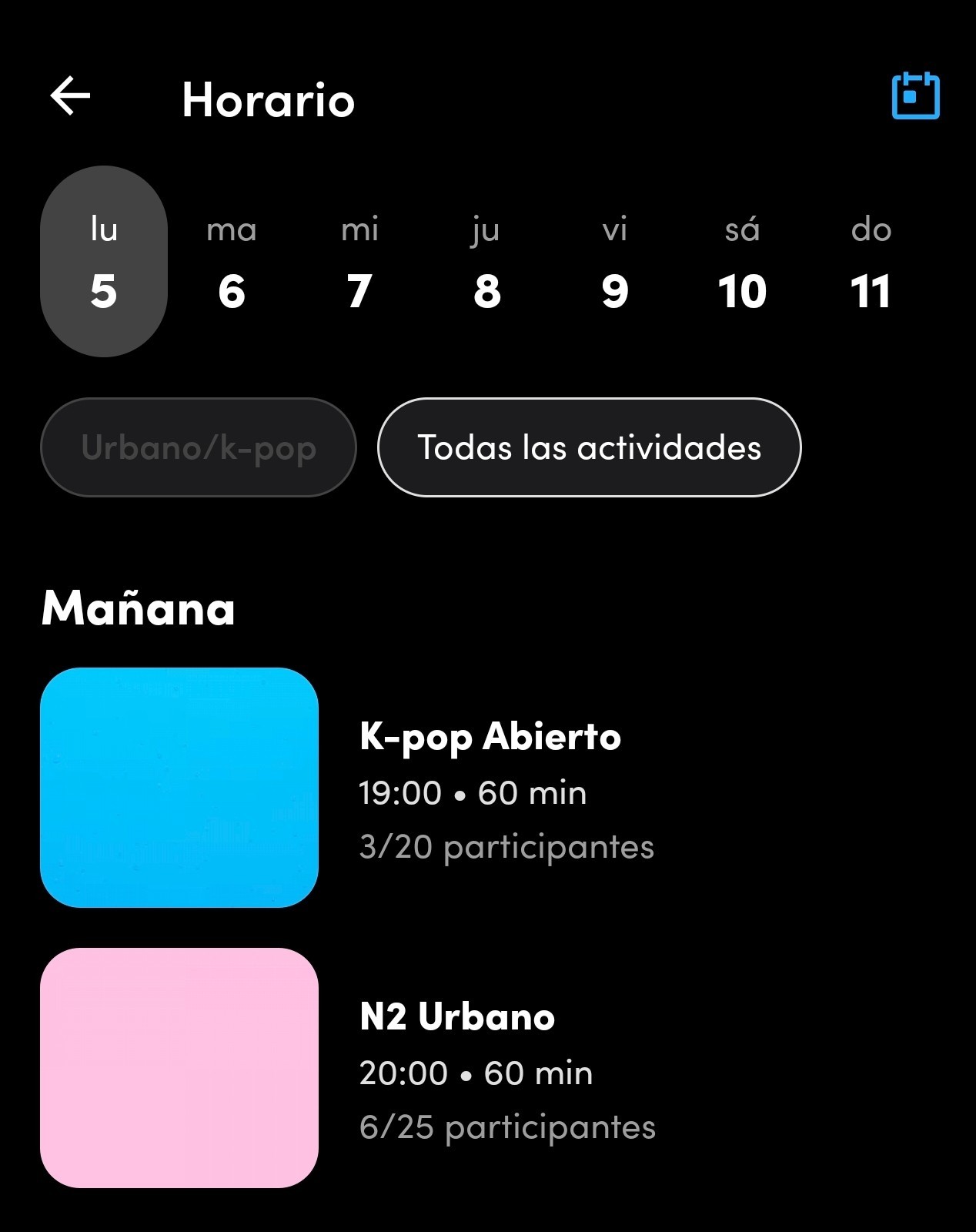 Horario de Urbano/K-pop en la app