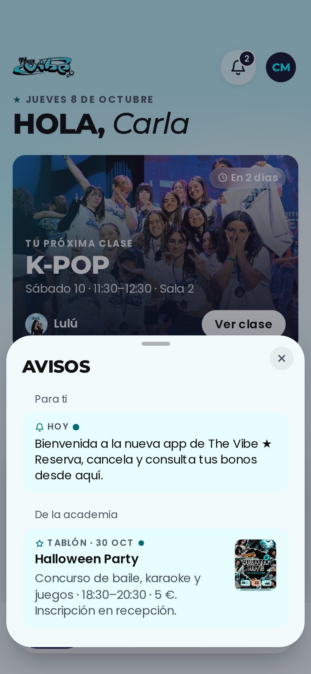 Avisos de la app: la bienvenida y un evento del tablón