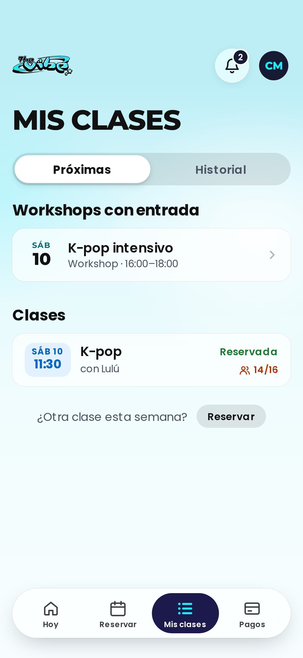 «Mis clases» en la app: la próxima clase reservada y un workshop