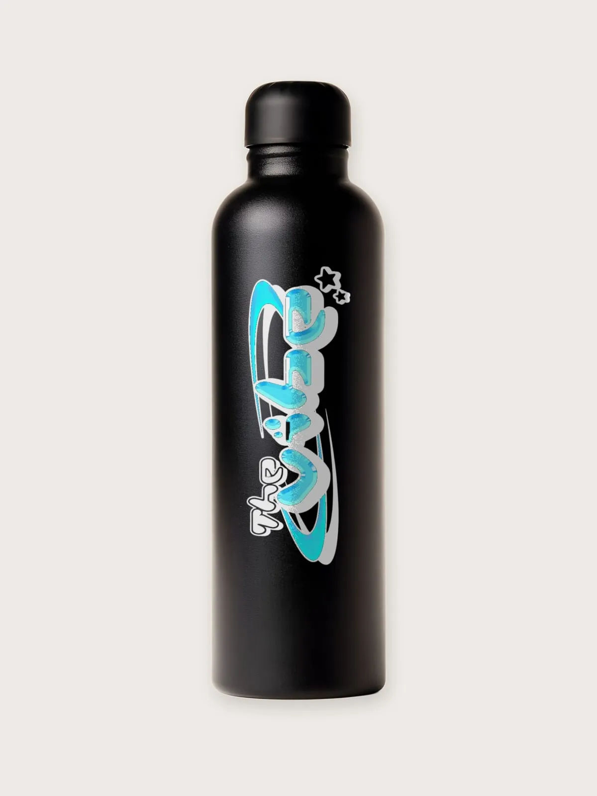 Botella negra con el logo de The Vibe en cian, foto de producto de frente