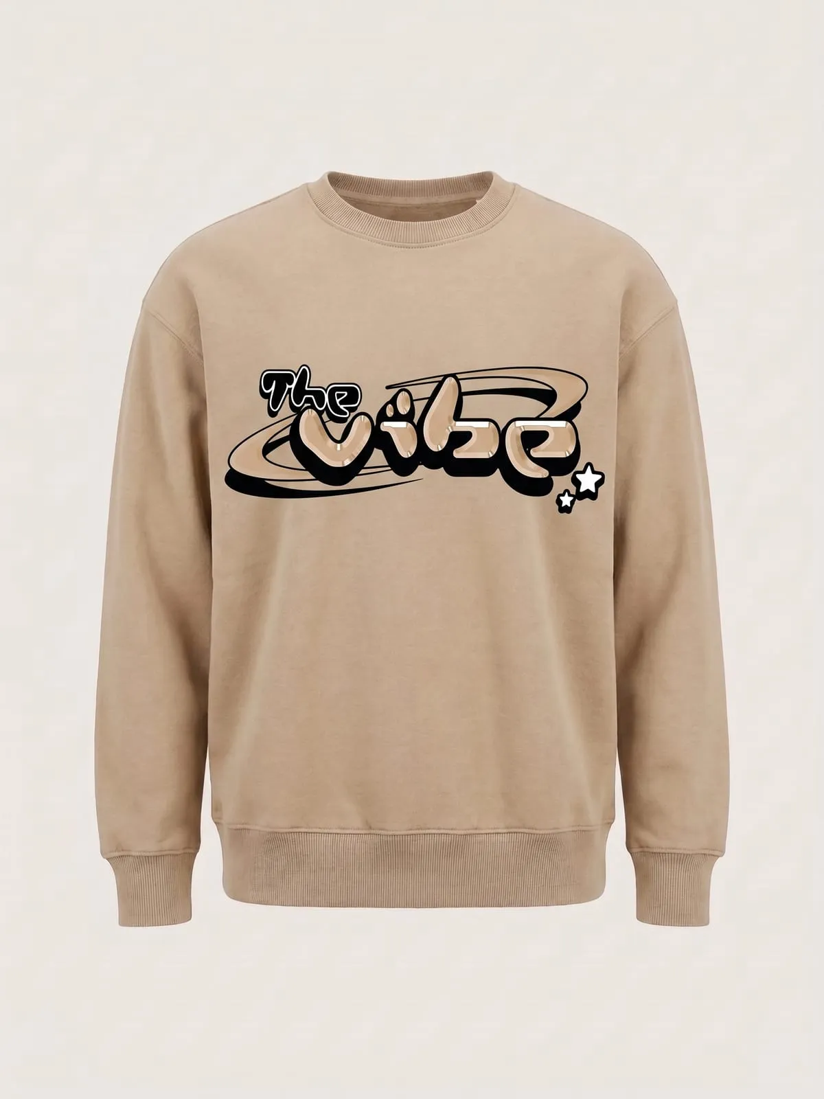 Sudadera arena con el logo de The Vibe en arena, foto de producto de frente
