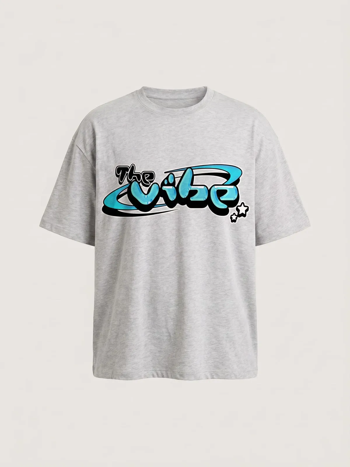 Camiseta gris jaspeada con el logo de The Vibe en cian, foto de producto de frente