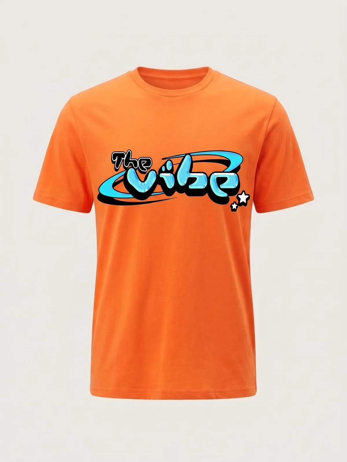 Camiseta naranja con el logo de The Vibe en cian, foto de producto de frente