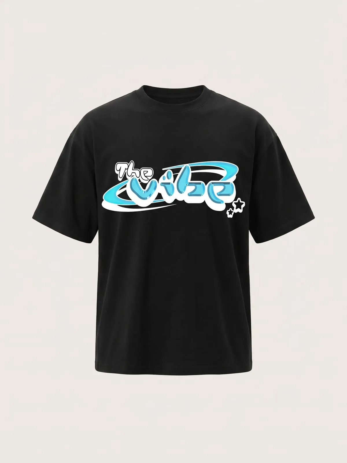 Camiseta negra con el logo de The Vibe en cian y blanco, foto de producto de frente