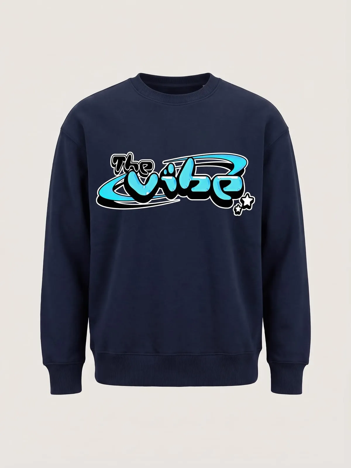 Sudadera azul marino con el logo de The Vibe en cian, foto de producto de frente