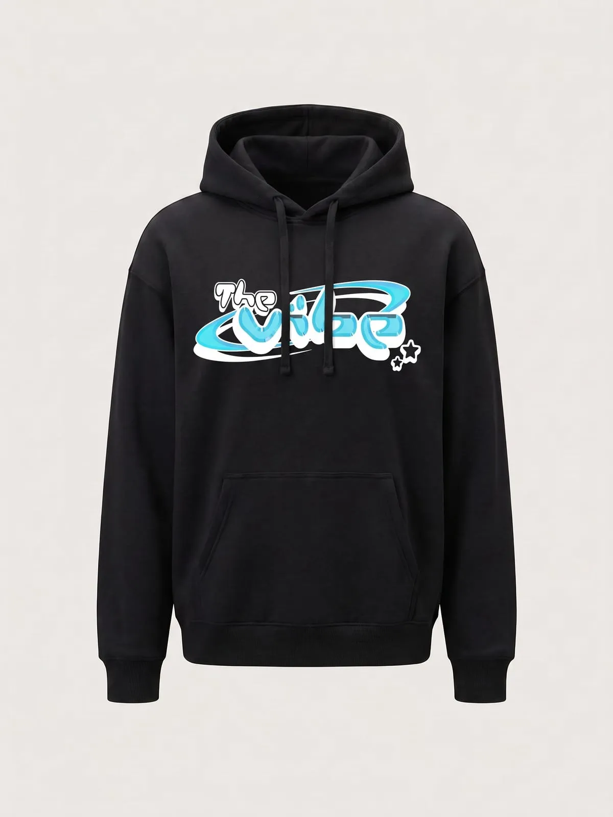 Sudadera con capucha negra con el logo de The Vibe en cian y blanco, foto de producto de frente