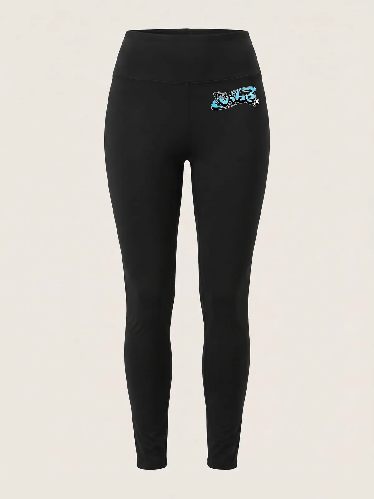 Leggings negros con el logo de The Vibe en cian, foto de producto de frente