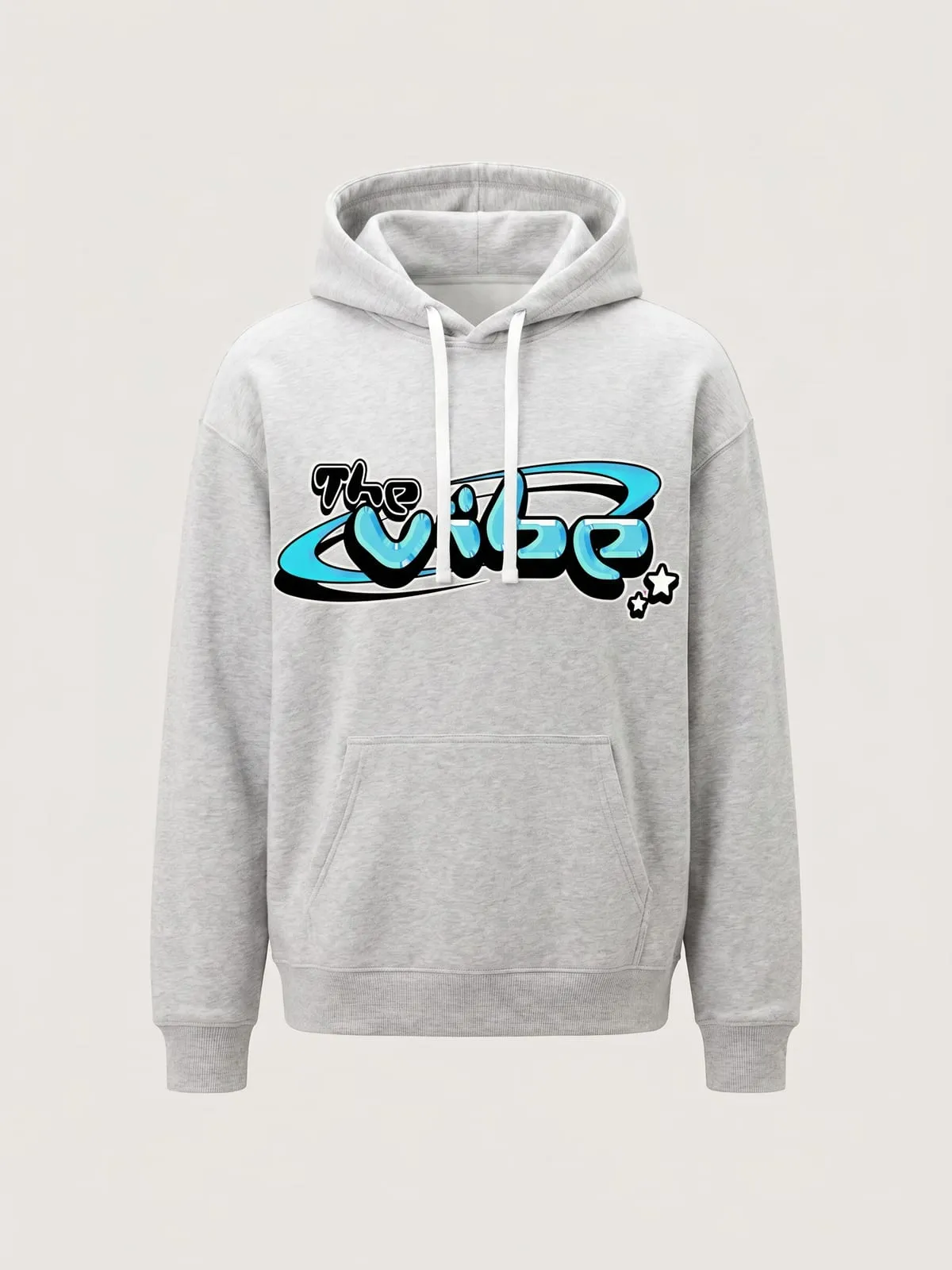 Sudadera con capucha gris con el logo de The Vibe en cian, foto de producto de frente