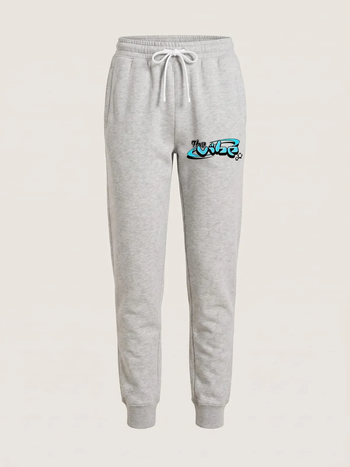 Pantalón jogger gris con el logo de The Vibe en cian, foto de producto de frente