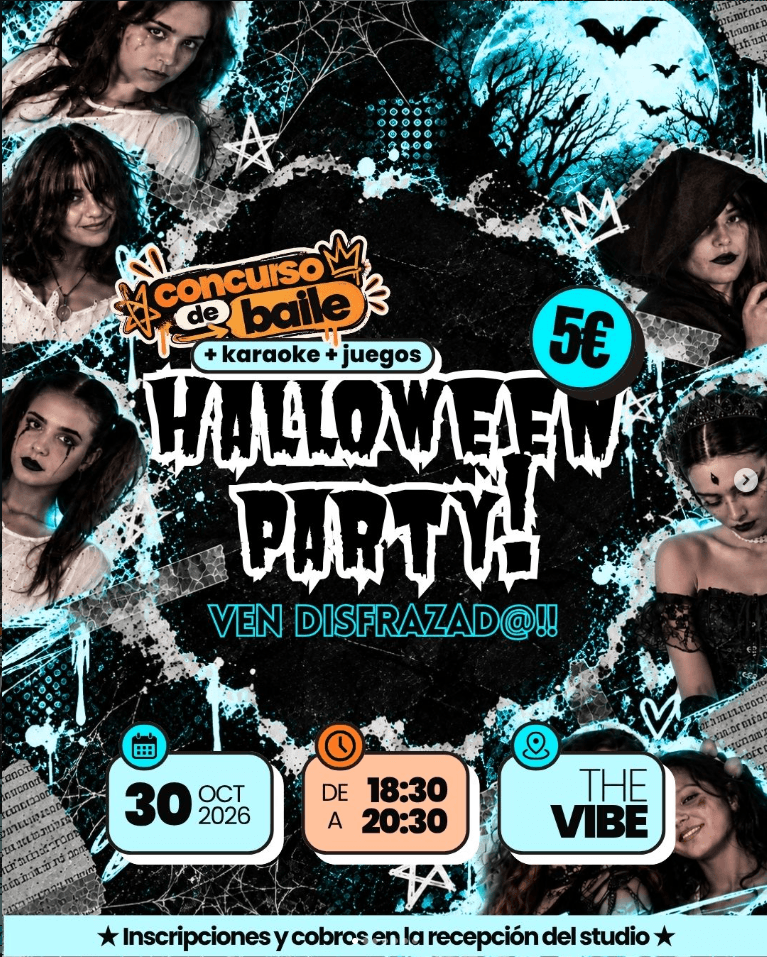 Cartel de la Halloween Party: concurso de baile, karaoke y juegos el 30 de octubre de 2026 de 18:30 a 20:30 en The Vibe, 5 €. Ven con disfraz. Inscripciones y cobros en la recepción del studio.