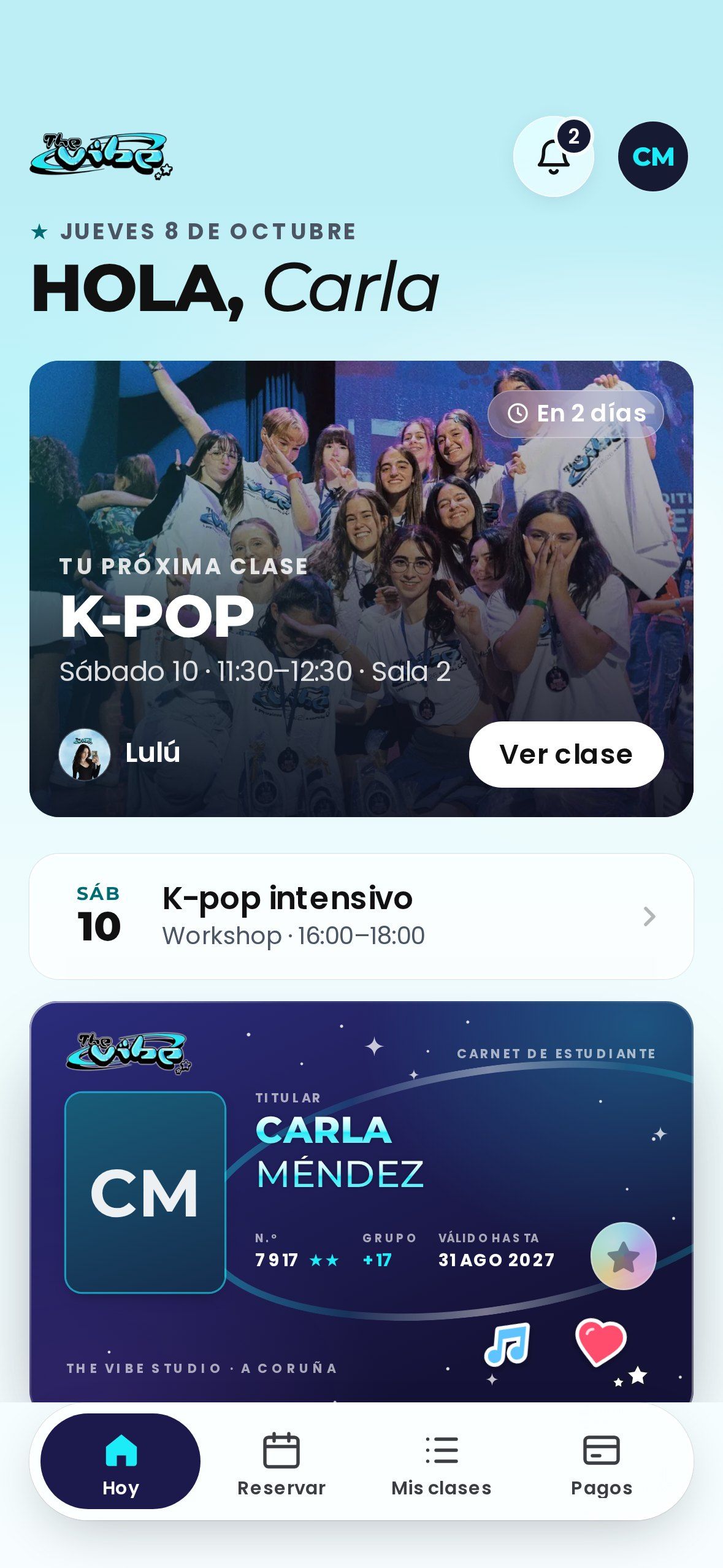 La pantalla de inicio de la app: la próxima clase, un workshop y el carnet