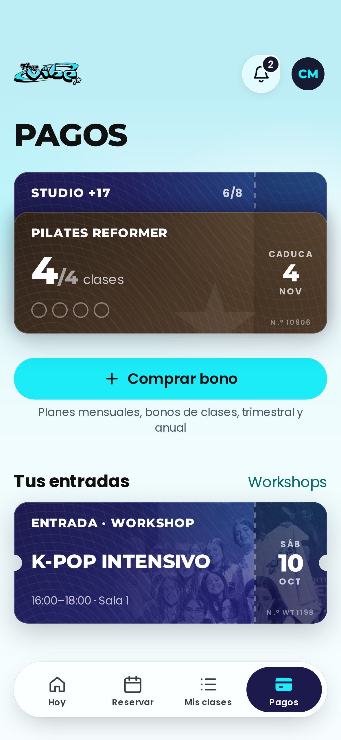 Pantalla «Pagos» con un bono de clases y una entrada de workshop