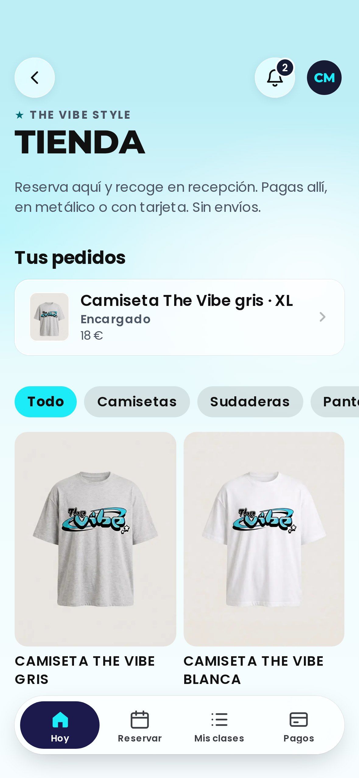 La tienda dentro de la app, con las camisetas de The Vibe